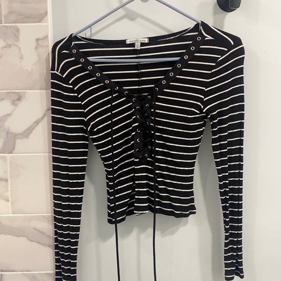 None Tops - Form fitting black and white striped crop top